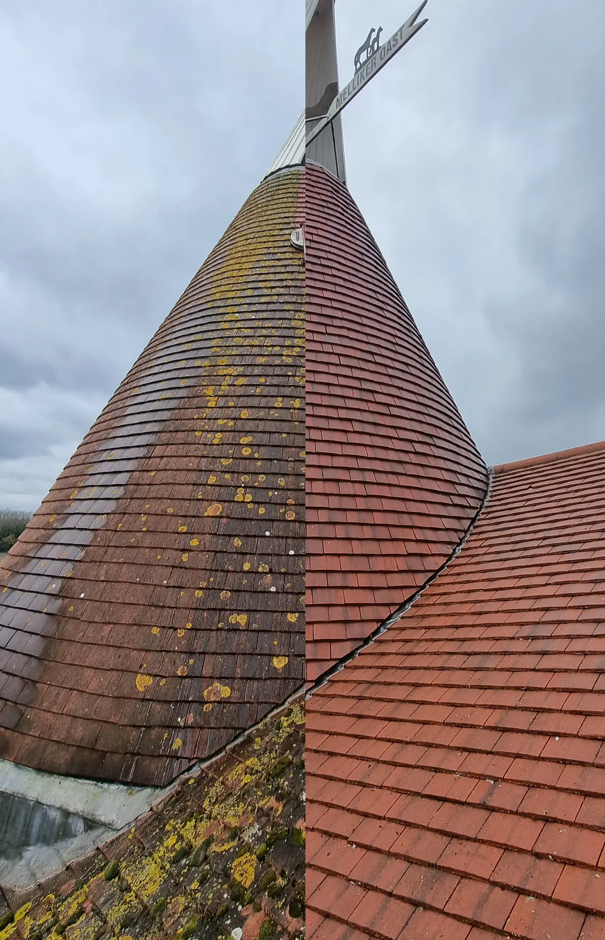 Oast house roof before and after cleaning, with the cleaned side showing bright terracotta clay tiles